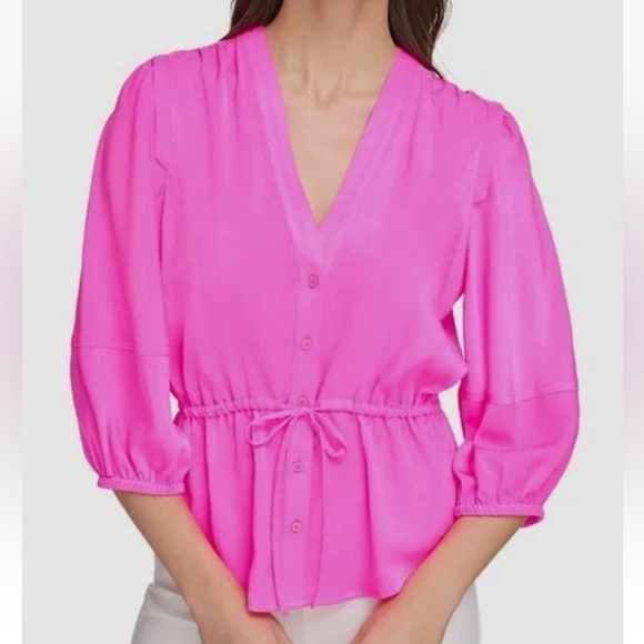 Dkny Tops - DKNY Women's Pink Satin 3/4-Sleeve Peplum Top Shocking Pink Size S